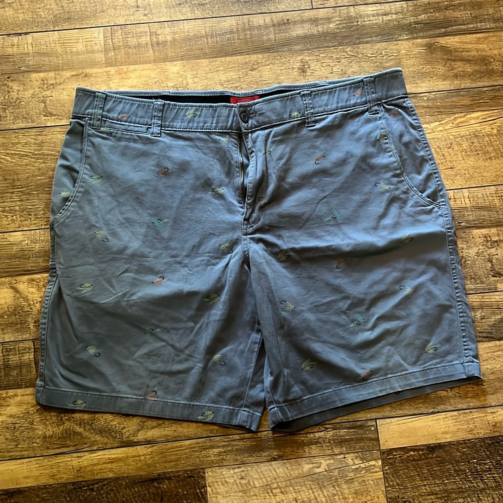 Foundry steel blue flat front chino shorts with fly fishing lure print